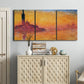 Three-panel canvas wall art featuring venetian church at twilight, displayed above a cabinet in an entryway.