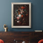 Classical floral still life painting by Jan van Huysum in an ornate champagne frame displayed in a dark-toned interior setting.