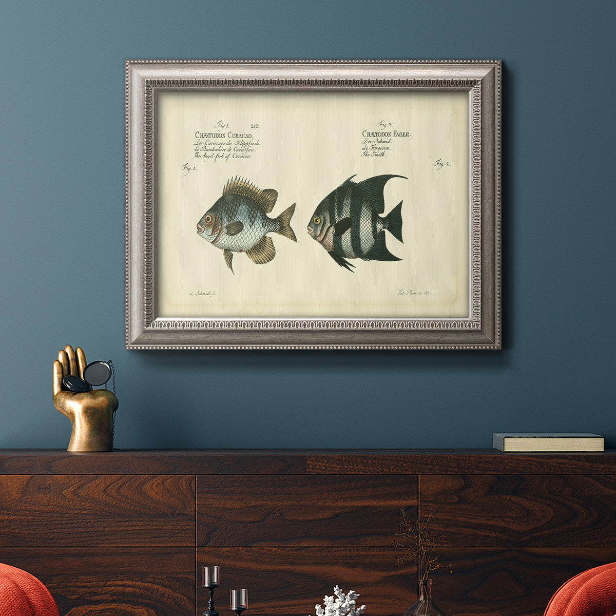 Antique fish chart illustration in an ornate vintage silver frame displayed in a dark-toned interior setting.