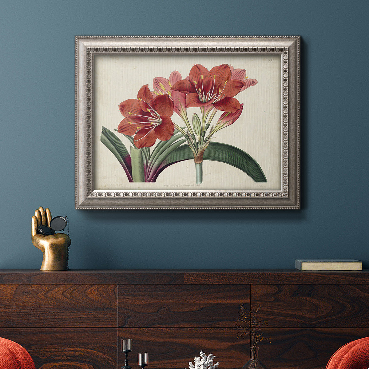 Vintage amaryllis botanical illustration in an ornate vintage silver frame displayed in a dark-toned interior setting.
