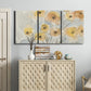 Three-panel canvas wall art featuring minimalist poppies at sunset, displayed above a cabinet in an entryway.