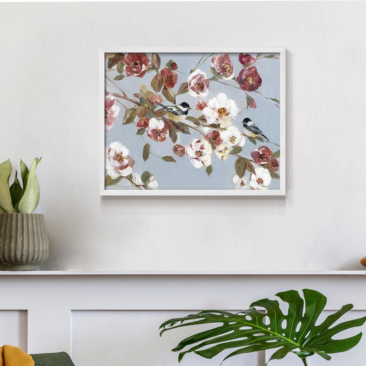 44432,artwork,flowers,songbirds,blooming,pastel colors,nature,painting,tranquility,floral,decor,home,birds,soft tones,wall art,still life,elegance,design,garden,wildlife,peace,beauty,colorful,composition,branches,brushwork,canvas,contemporary,aesthetic,visual,spring,serene,charm,details,flora,fauna,modern,interior design,color palette,harmony,inspiration,Re-stickable,Plants & Flowers