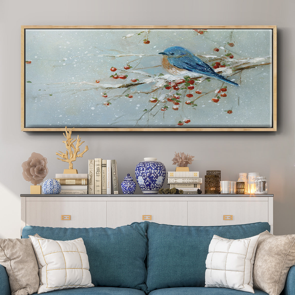 Blue Bird in Winter - Floater Framed Canvas Print