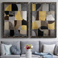 Set of two black barnwood framed canvas prints depicting paired structured modern abstracts with semicircles, rectangles, textured panels, and metallic-looking accents above a sofa in a contemporary living room.