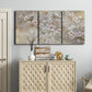 Three-panel canvas wall art featuring early spring blossoms in soft tones, displayed above a cabinet in an entryway.