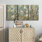 Three-panel canvas wall art featuring abstract flowering vine pattern, displayed above a cabinet in an entryway.