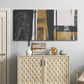Three-panel canvas wall art featuring industrial mid century abstract glitch, displayed above a cabinet in an entryway.