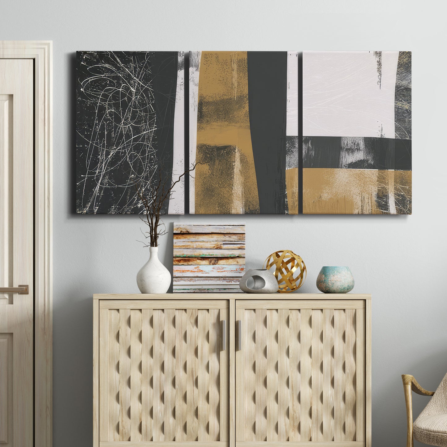 Three-panel canvas wall art featuring industrial mid century abstract glitch, displayed above a cabinet in an entryway.