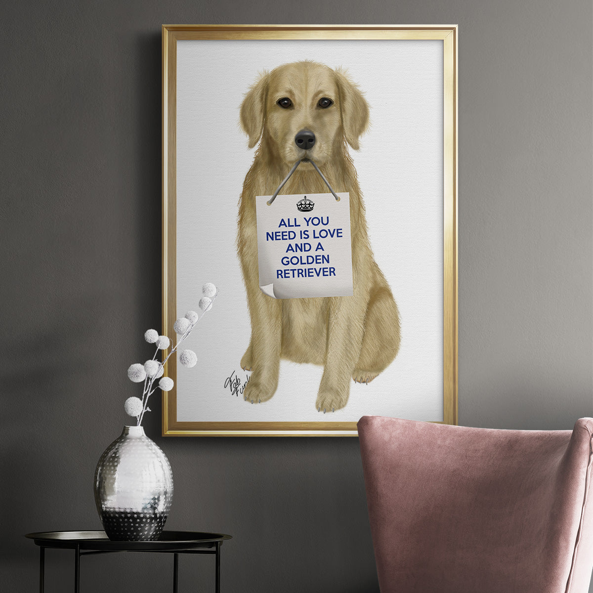 Love and Golden Retriever - Modern Framed Canvas Print