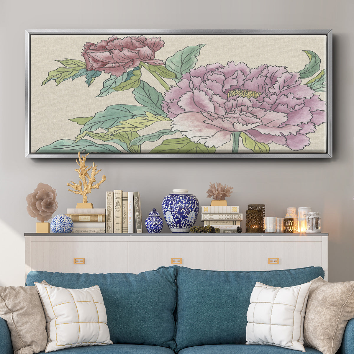 Peony Blooms I - Floater Framed Canvas Print