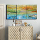Three-panel canvas wall art featuring abstract sense of forward movement, displayed above a cabinet in an entryway.