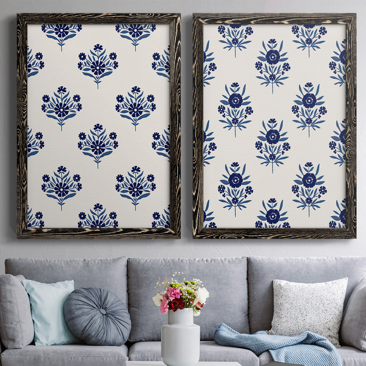 Indigo Bloom Pattern I - Premium Framed Canvas 2 Piece Set - Ready to Hang