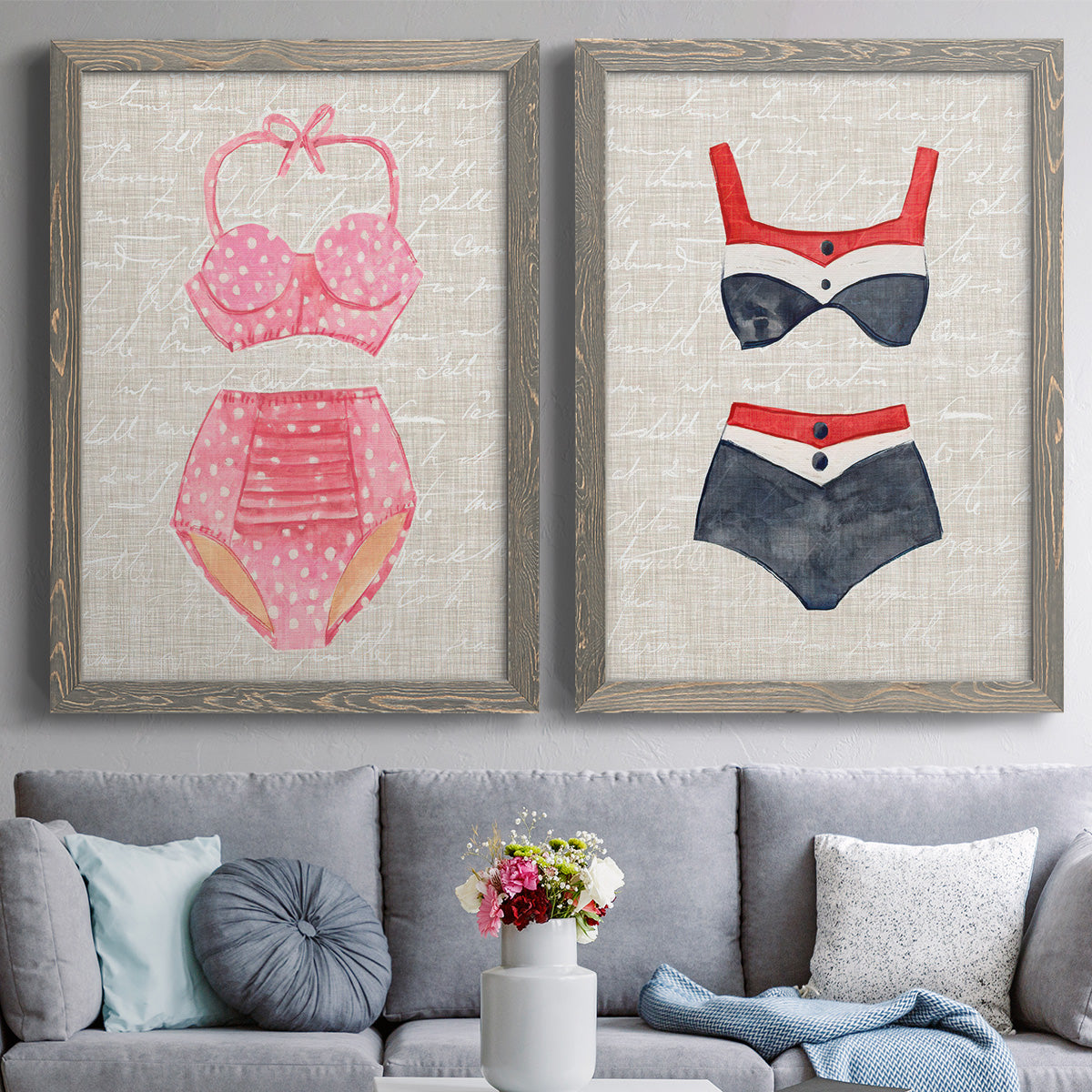 Vintage Swimming I - Premium Framed Canvas 2 Piece Set - Ready to Hang