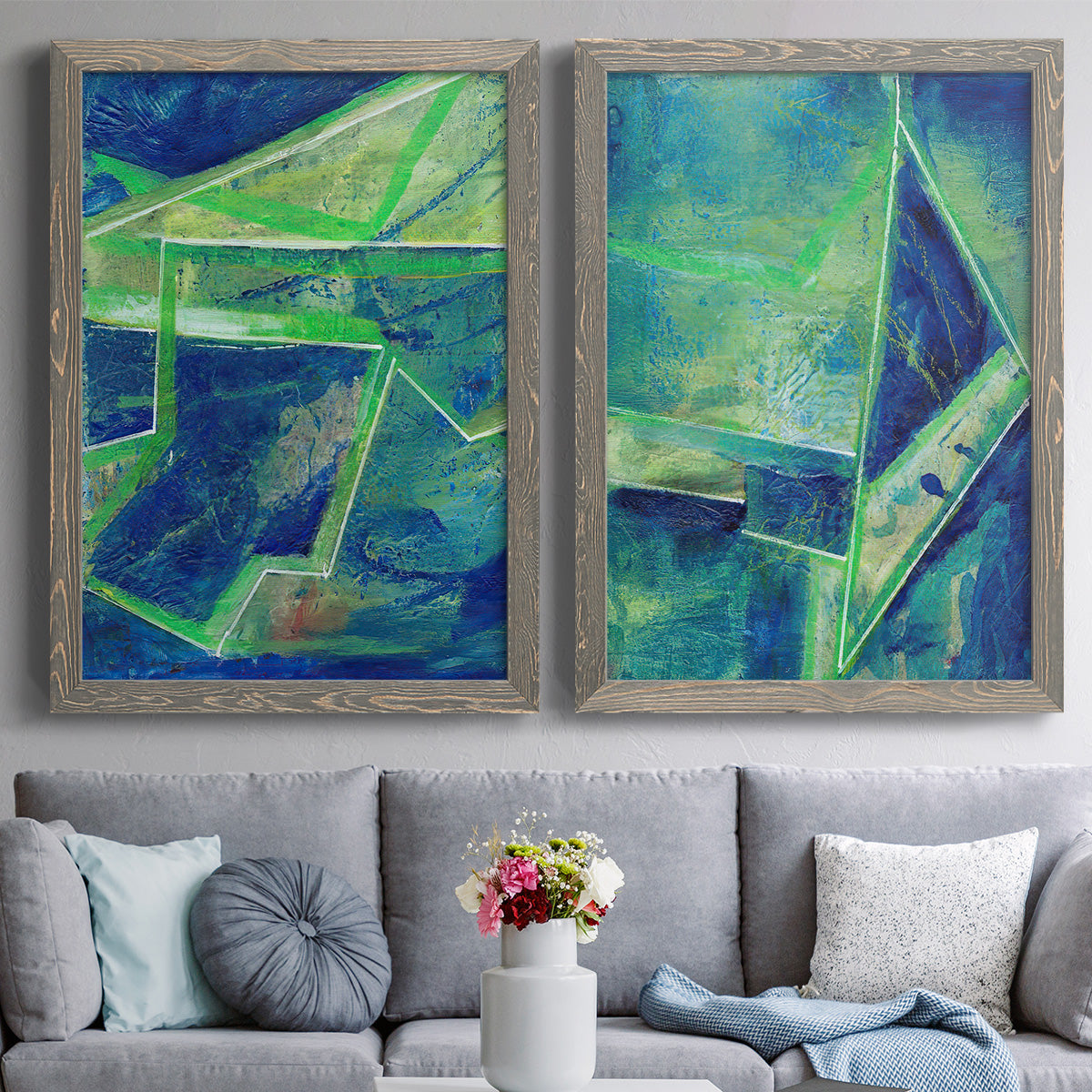 Geometric in Cool I - Premium Framed Canvas 2 Piece Set - Ready to Hang