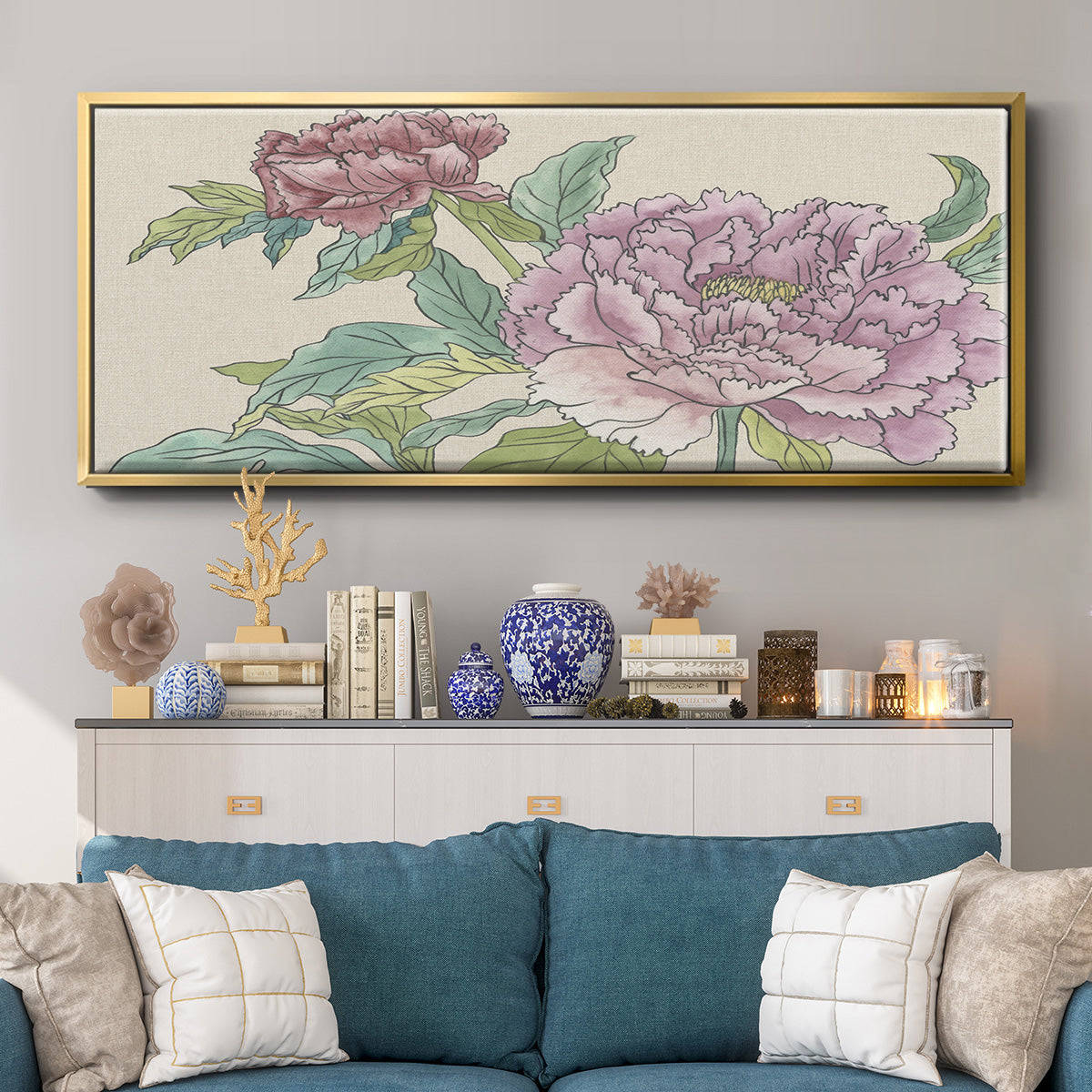 Peony Blooms I - Floater Framed Canvas Print