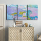 Three-panel canvas wall art featuring abstract view through window forms, displayed above a cabinet in an entryway.