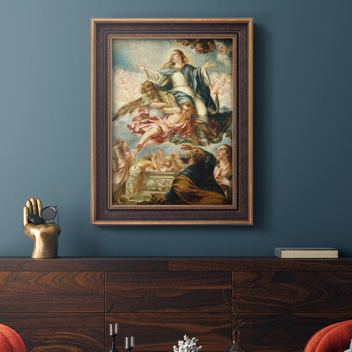 Religious painting of the Assumption of the Virgin Mary by Juan de Valdés Leal in an ornate bronzed mahogany wood frame displayed in a dark-toned interior setting.