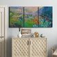 Three-panel canvas wall art featuring embracing landscape with warm tones, displayed above a cabinet in an entryway.