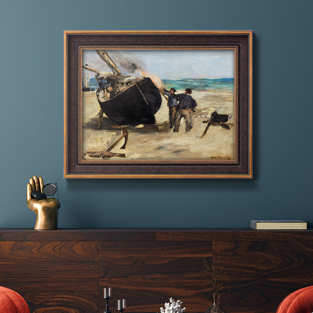 Impressionist nautical work scene by Édouard Manet in an ornate bronzed mahogany wood frame displayed in a dark-toned interior setting.