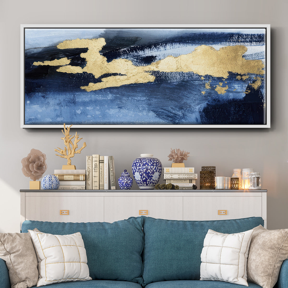 Gilded Indigo Sea I  - Floater Framed Canvas Print