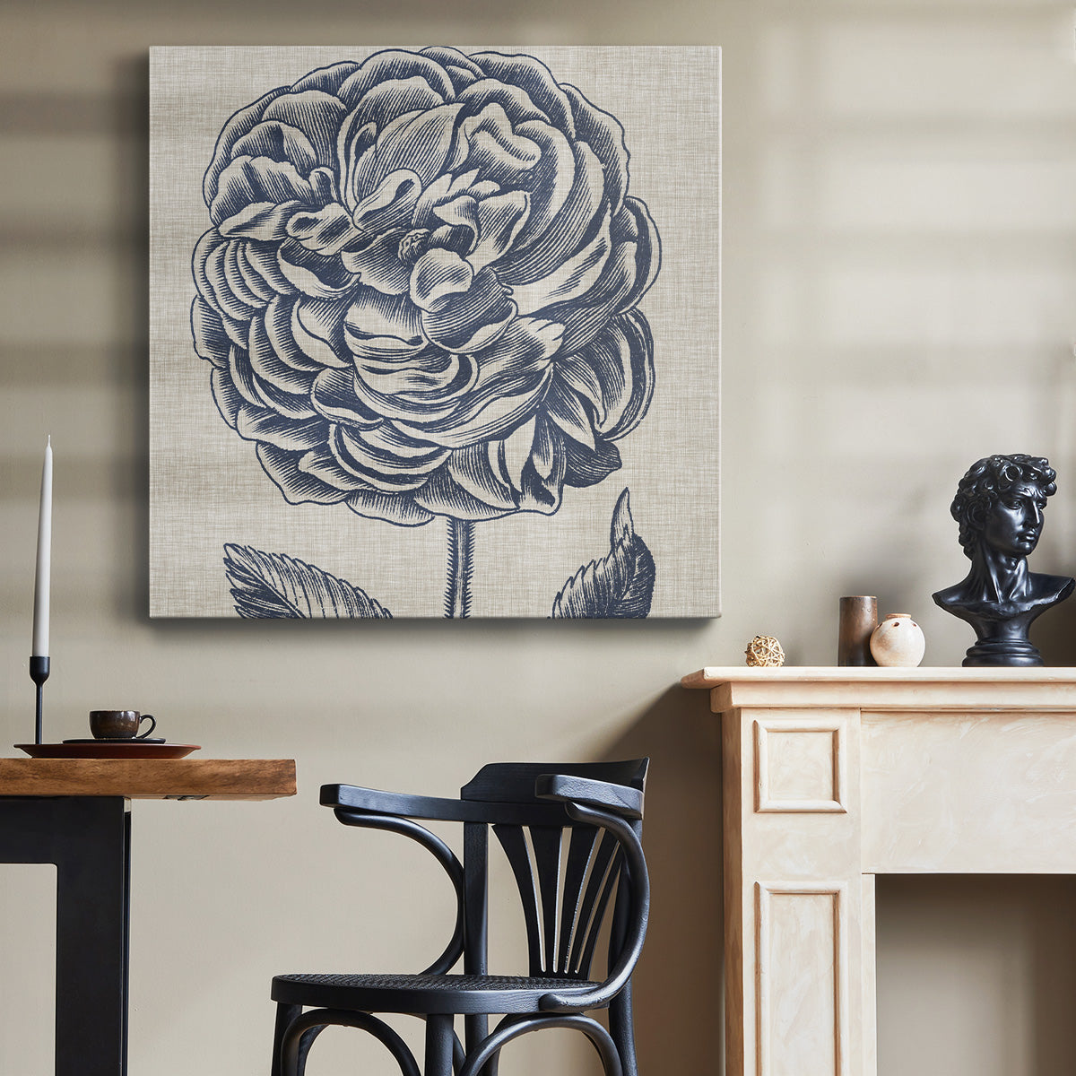 Indigo Floral on Linen V - Canvas Art Print