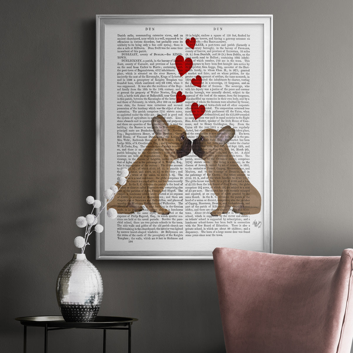 French Kiss and Hearts - Modern Framed Canvas Print