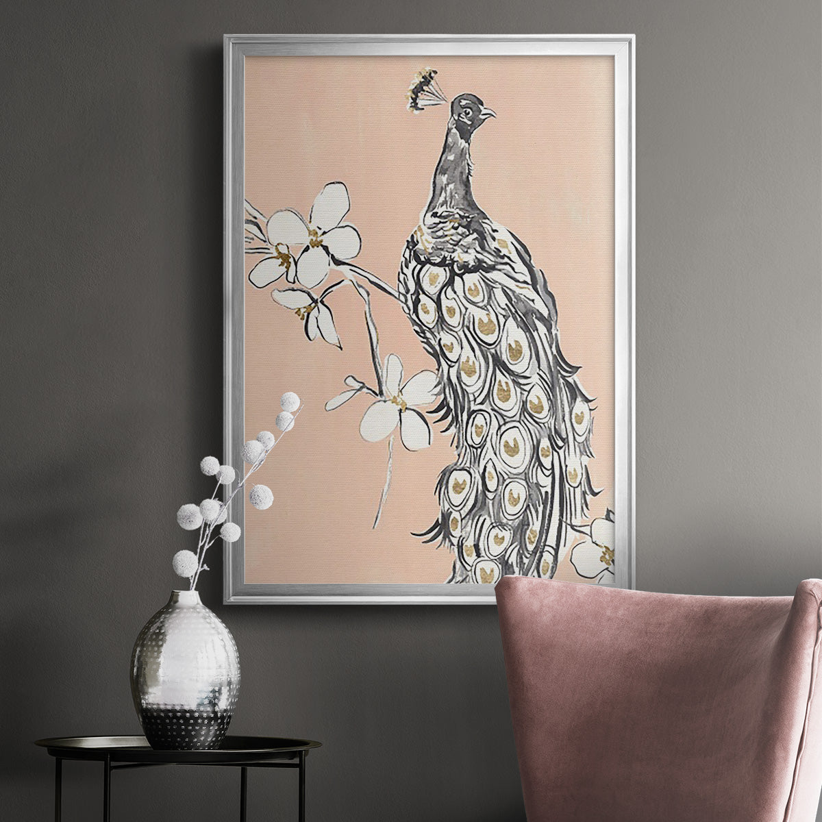 Peacock in Gold I - Modern Framed Canvas Print