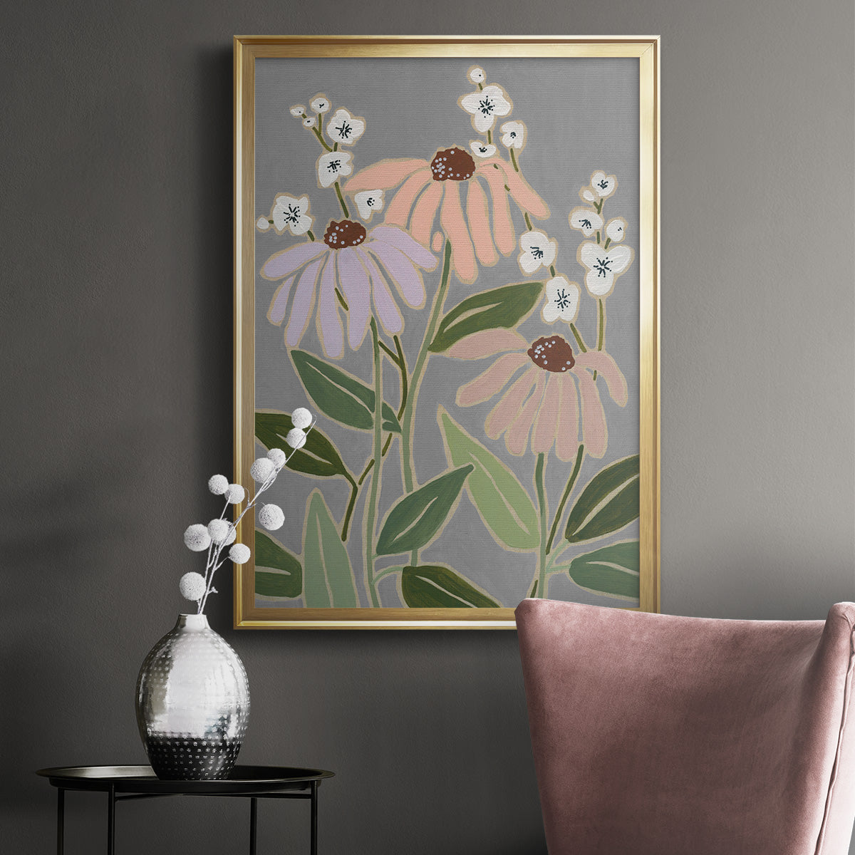 Woodblock Floral I - Modern Framed Canvas Print