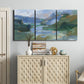 Three-panel canvas wall art featuring abstract landscape composition study, displayed above a cabinet in an entryway.