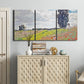 Three-panel canvas wall art featuring open poppy field in countryside, displayed above a cabinet in an entryway.