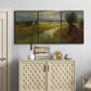 Three-panel canvas wall art featuring winding rural road through countryside, displayed above a cabinet in an entryway.