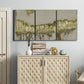 Three-panel canvas wall art featuring gold accented abstract ravine, displayed above a cabinet in an entryway.