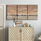 Three-panel canvas wall art featuring soft early evening landscape light, displayed above a cabinet in an entryway.