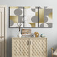 Three-panel canvas wall art featuring geometric gold abstract reflections, displayed above a cabinet in an entryway.