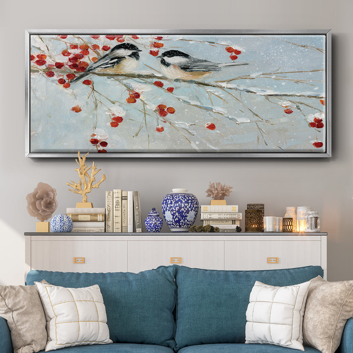 Chickadees in Winter - Floater Framed Canvas Print