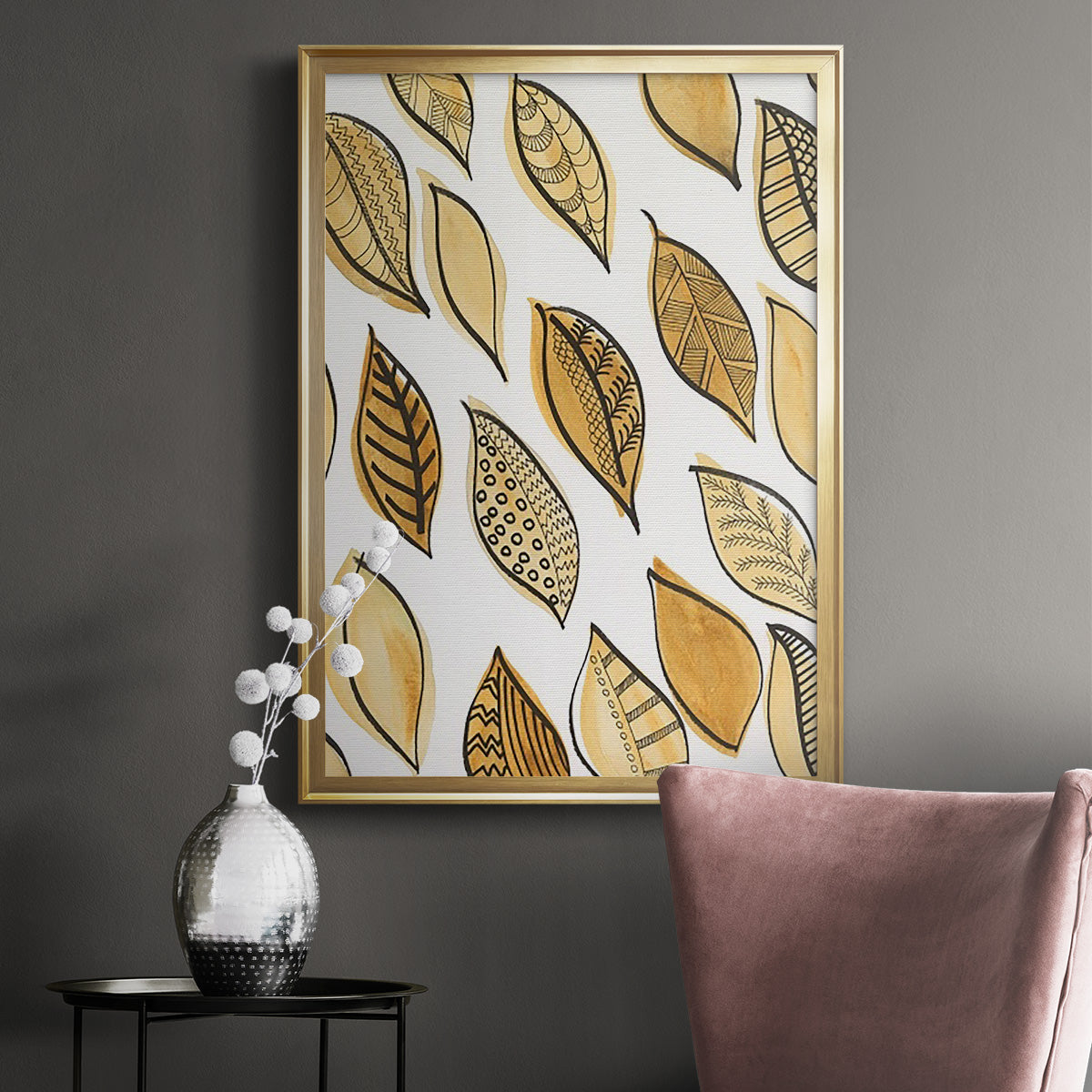 Patterned Leaf Shapes II - Modern Framed Canvas Print