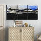 Three-panel canvas wall art featuring abstract passage of time composition, displayed above a cabinet in an entryway.