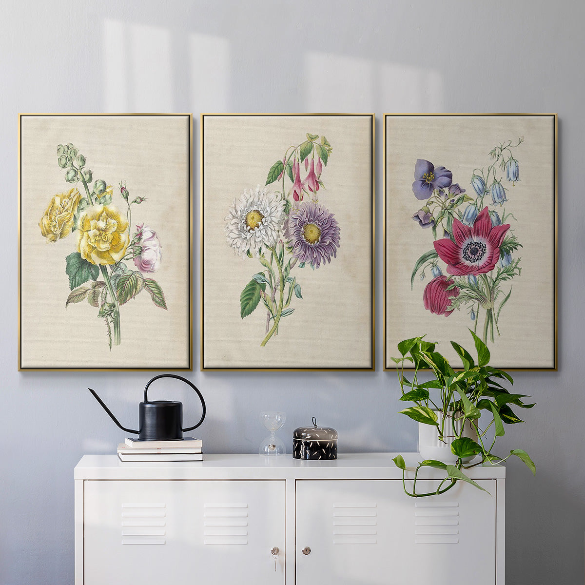 Antique Garden Bouquet I - Framed Premium Gallery Wrapped Canvas L Frame 3 Piece Set - Ready to Hang