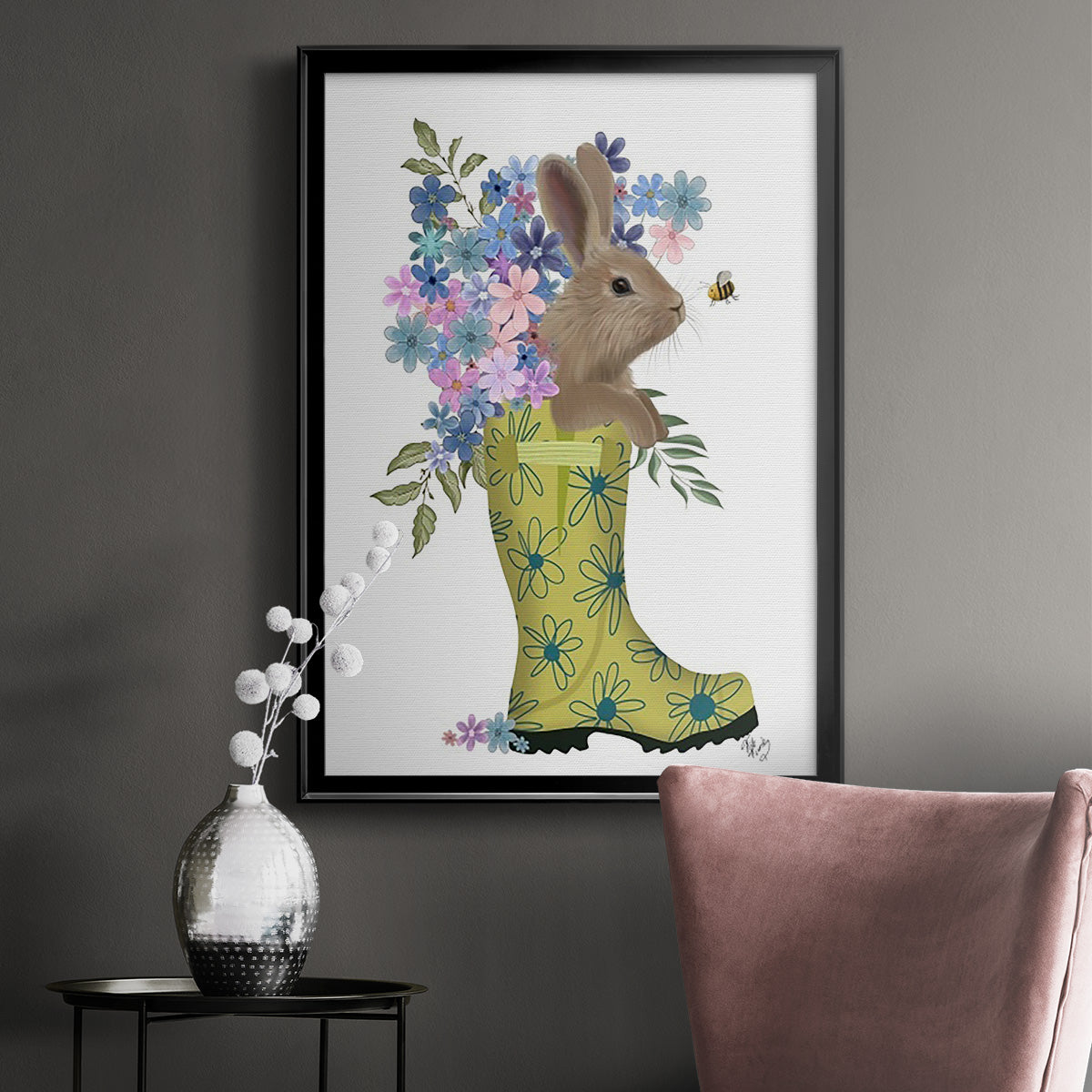 Welly Bunny And Bee - Modern Framed Canvas Print