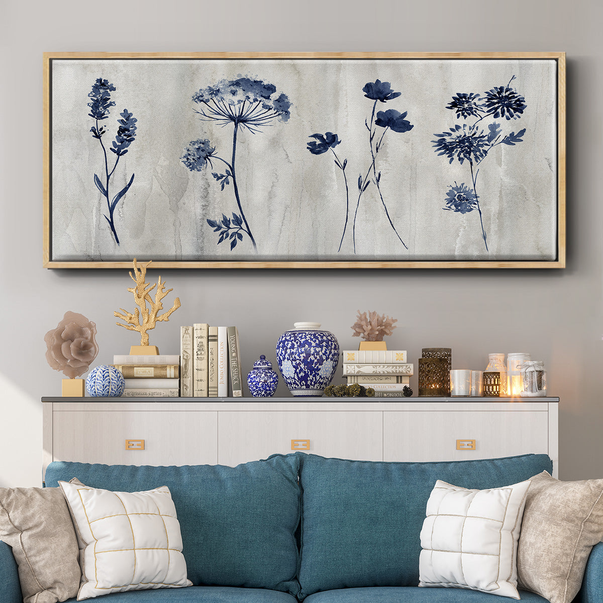 Indigo Row - Floater Framed Canvas Print