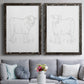 Set of two black barnwood framed canvas prints depicting paired minimalist livestock sketches with fine gray lines, white backgrounds, and quiet farm-animal profiles above a sofa in a contemporary living room.