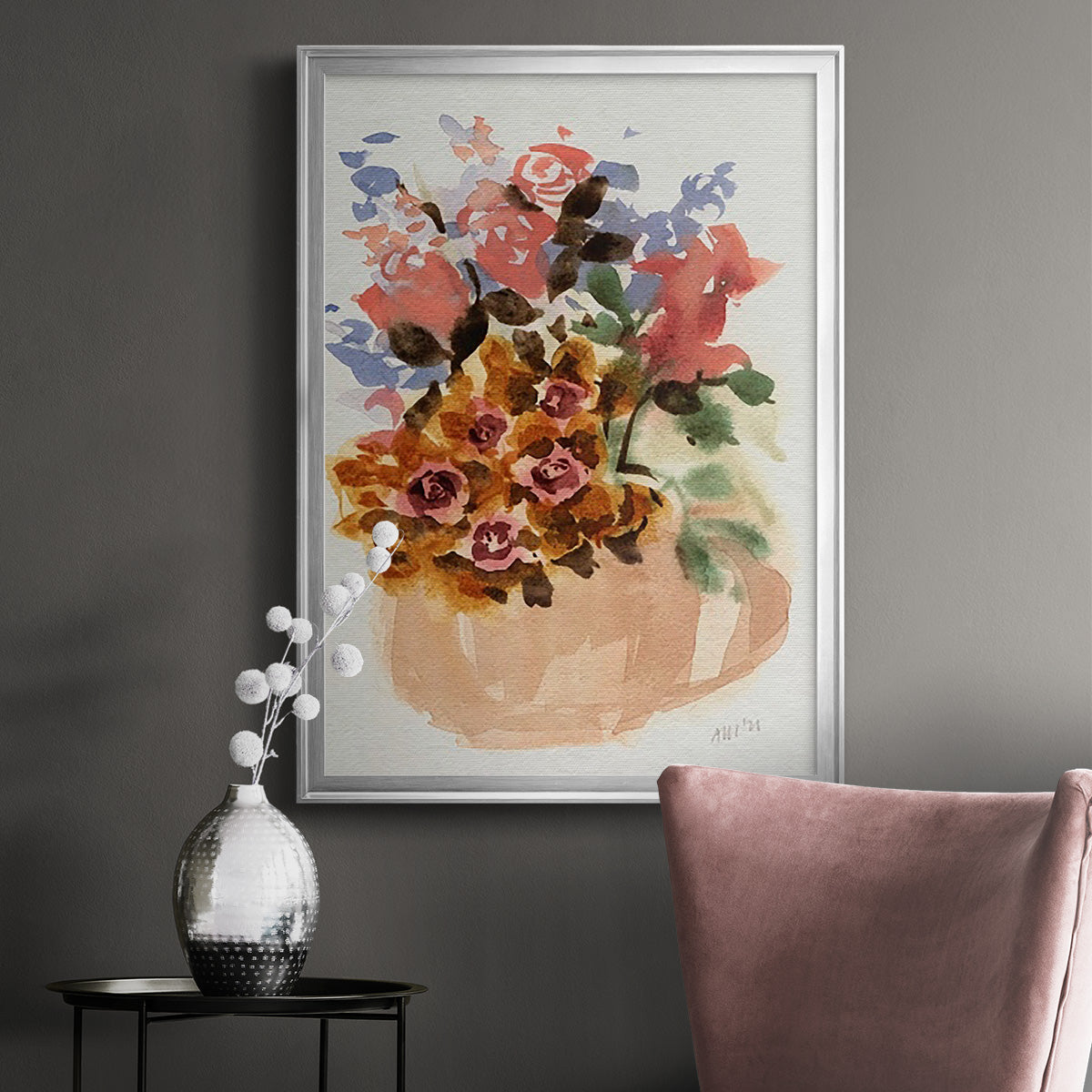 Mauve Bouquet in Teapot II - Modern Framed Canvas Print