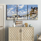 Three-panel canvas wall art featuring beach boardwalk with figures, displayed above a cabinet in an entryway.