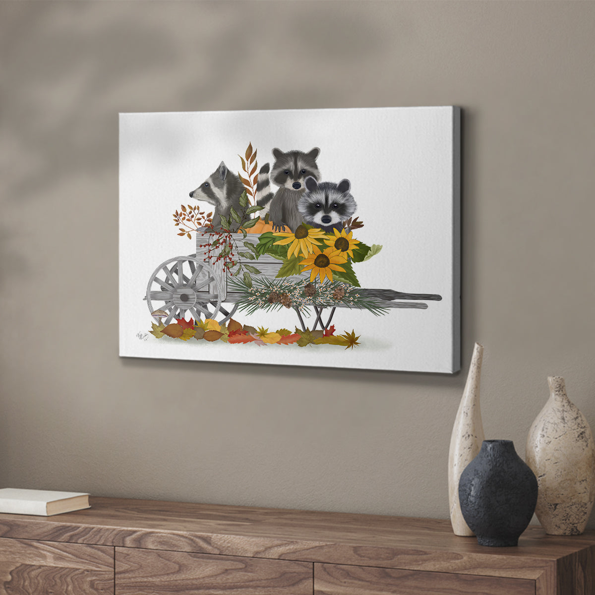 Raccoon Wheelbarrow - Canvas Art Print
