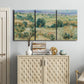 Three-panel canvas wall art featuring lavender sky over quiet landscape, displayed above a cabinet in an entryway.