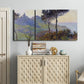 Three-panel canvas wall art featuring village church at sunset, displayed above a cabinet in an entryway.