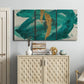 Three-panel canvas wall art featuring interconnected abstract flowing forms, displayed above a cabinet in an entryway.
