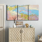 Three-panel canvas wall art featuring geometric mid century abstract blocks, displayed above a cabinet in an entryway.