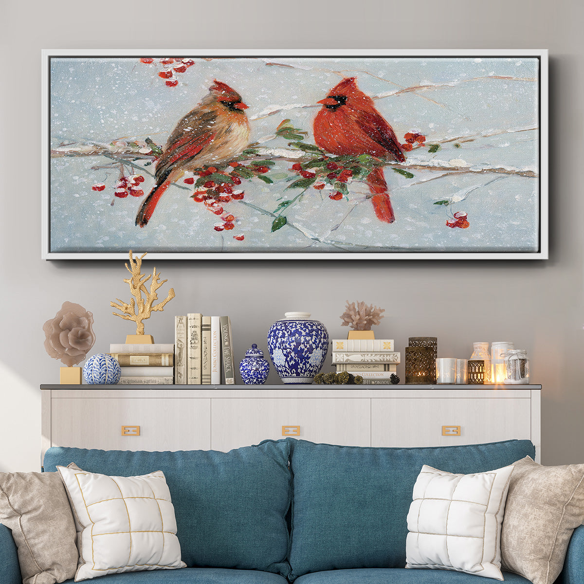 Cardinals in Winter - Floater Framed Canvas Print