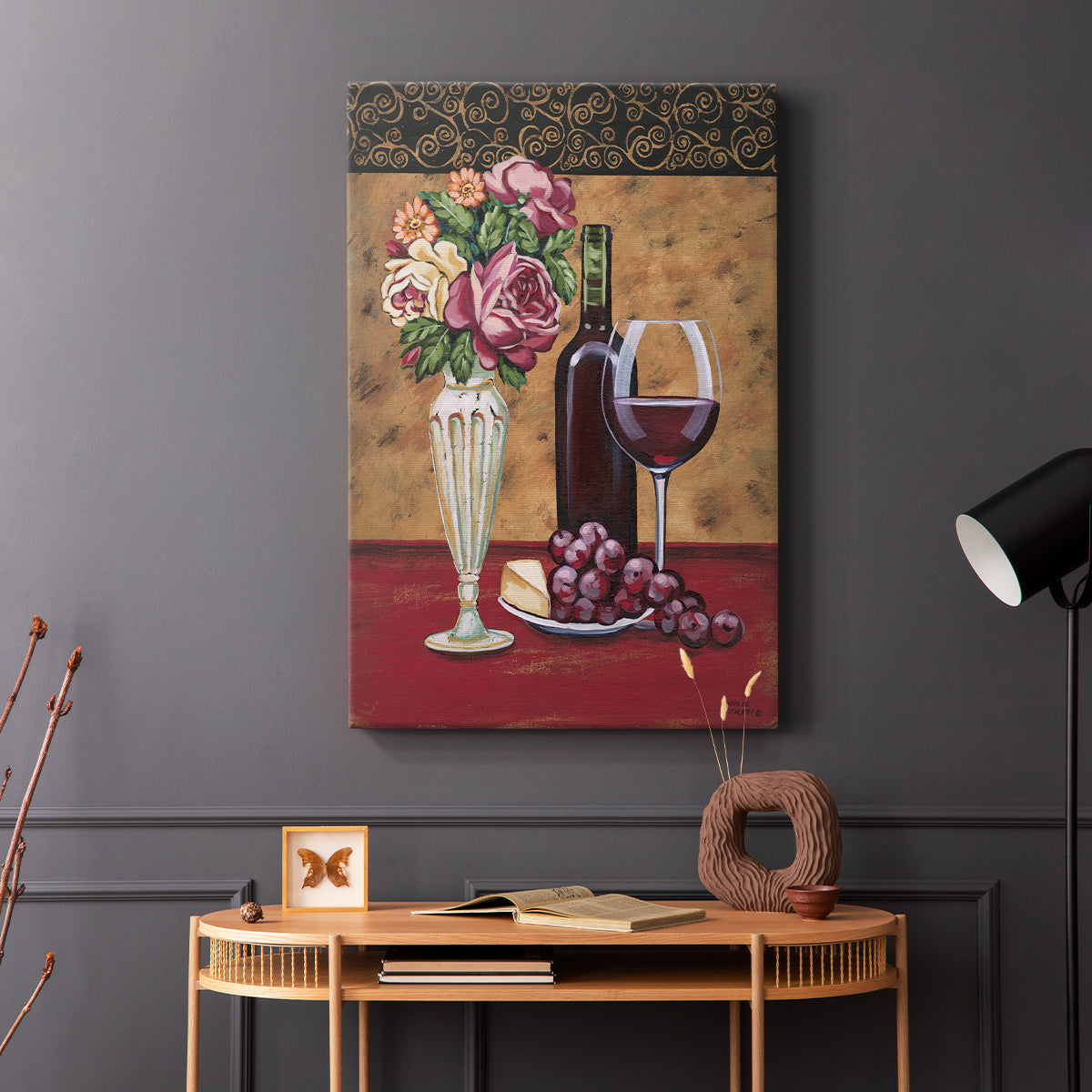 Vintage Flowers and Wine I - Canvas Art Print
